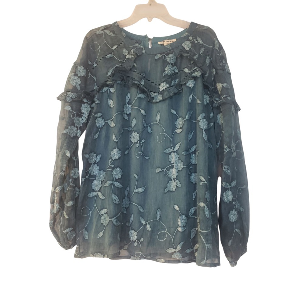 Indigo Thread Co Womens Shirt XL Blue Floral Lace Ruffle Long‎ Sleeve Blouse